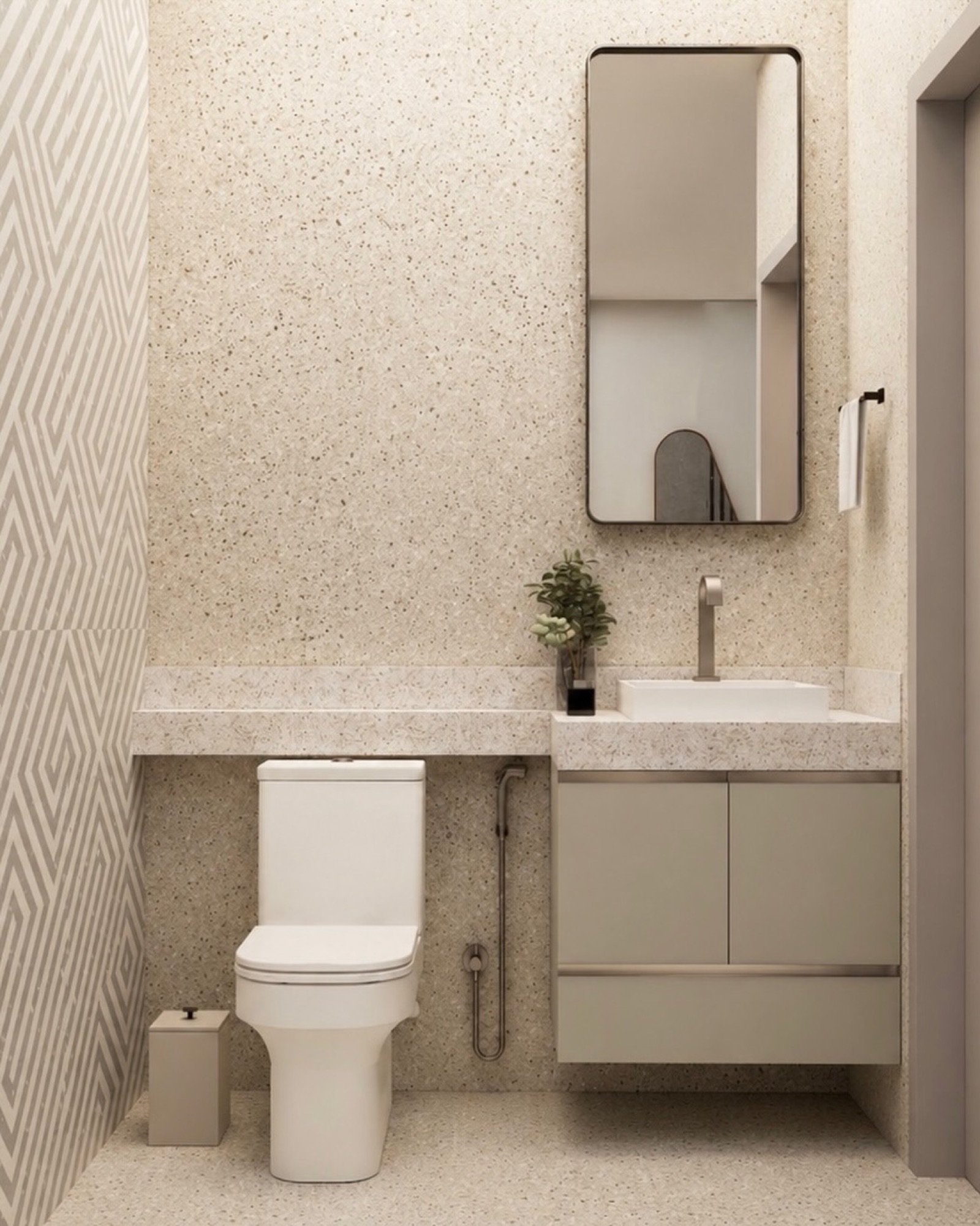 Lavabo revestido em terrazzo com bancada e espelho de moldura fina